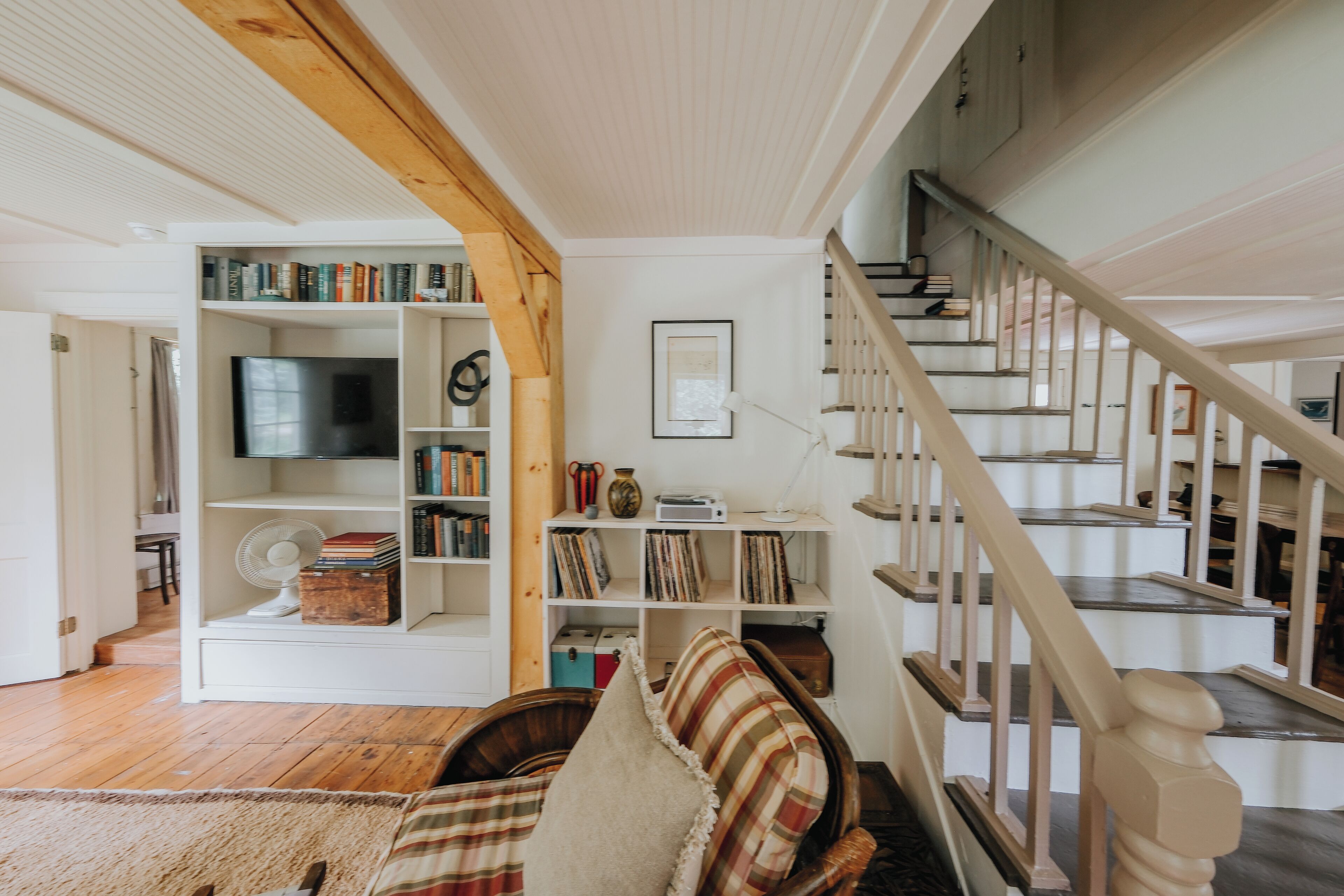 Smart TV, fireplace, books
