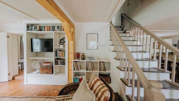 Smart TV, fireplace, books