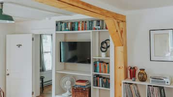 Smart TV, fireplace, books