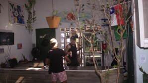 A room with a green door, a mirror, and a plant hanging from the ceiling. - Off Ocean Hostel (Florianópolis)