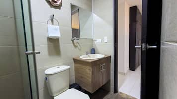 Regadera, toallas, jabón, papel de baño