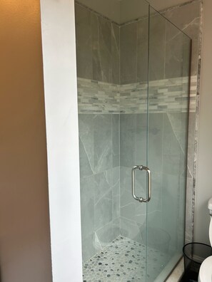 Regadera, secadora de cabello, toallas, papel de baño