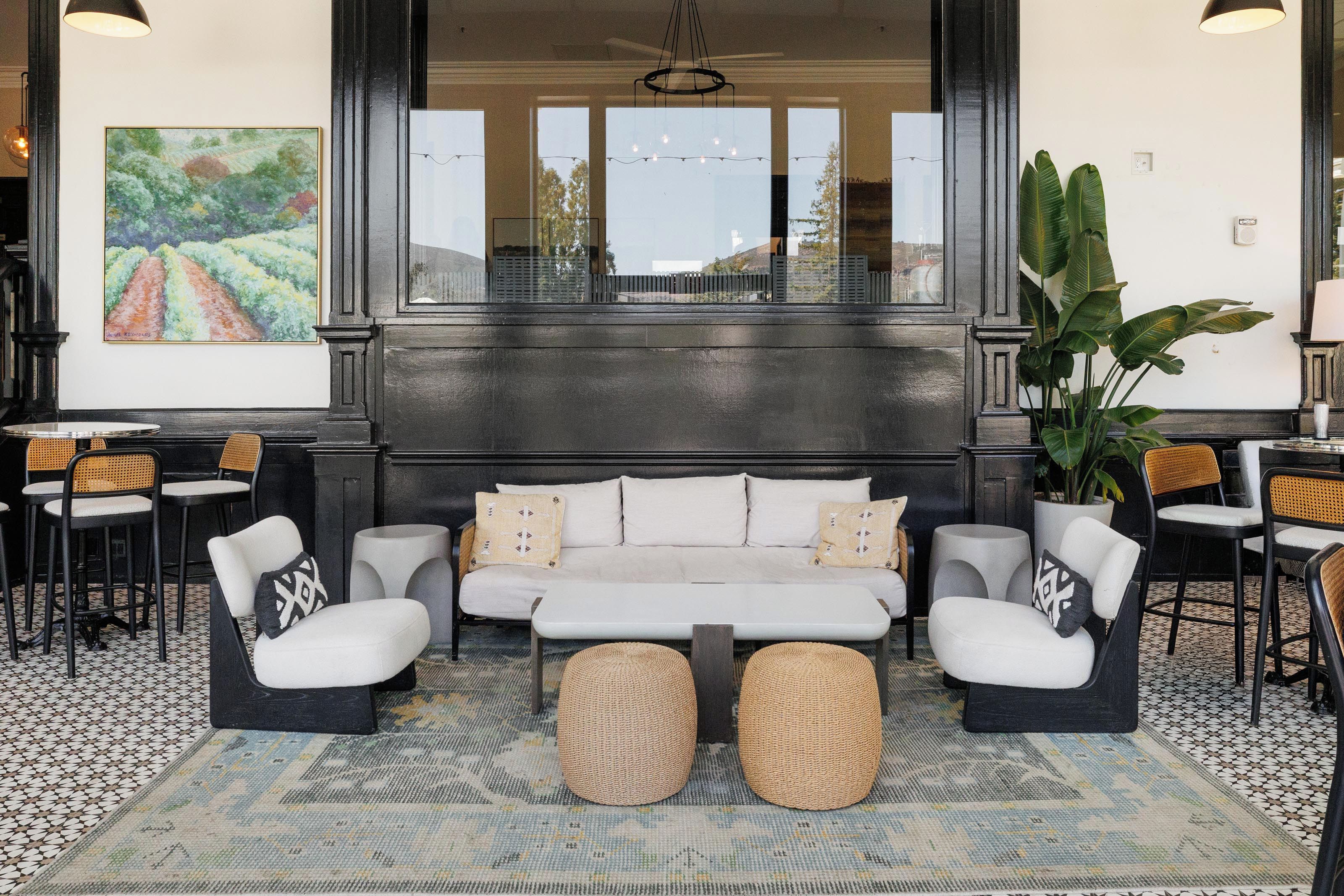 A modern interior with a sofa set, round ottomans, and a large plant.
