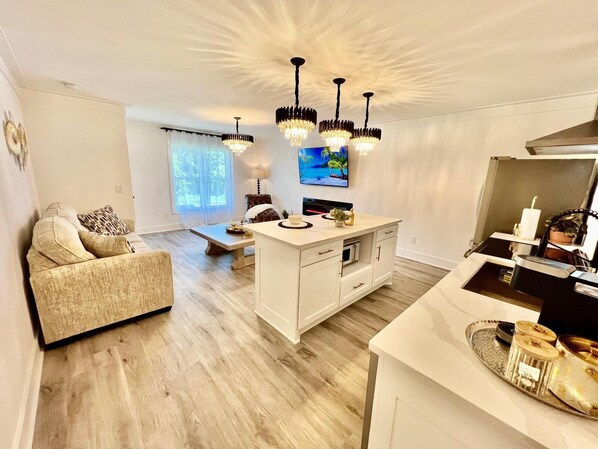 Télévision, cheminée, espaces bureaux