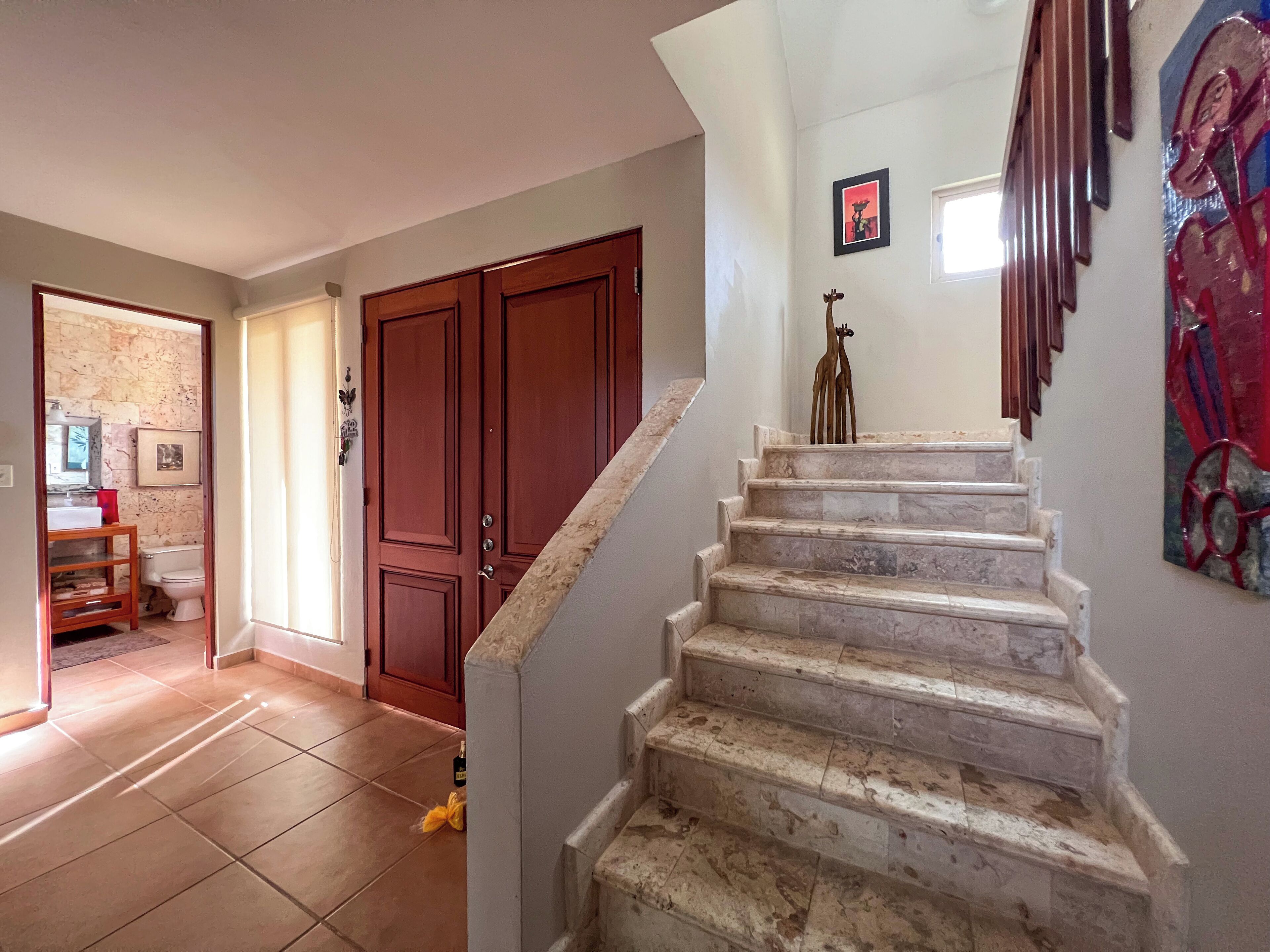 A staircase with a handrail, a wooden door, and a framed picture on the wall.