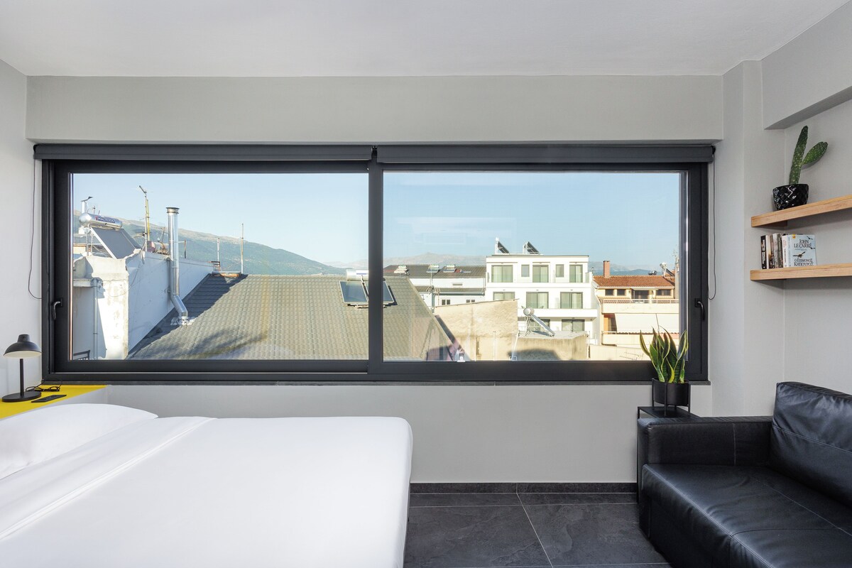 Una habitación de hotel moderna con un ventanal grande, una cama, un sofá de cuero negro y un estante con libros y un cactus.