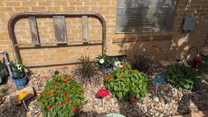 Ein Garten mit verschiedenen Pflanzen und Blumen, einer Metallbank und einer Ziegelmauer.
