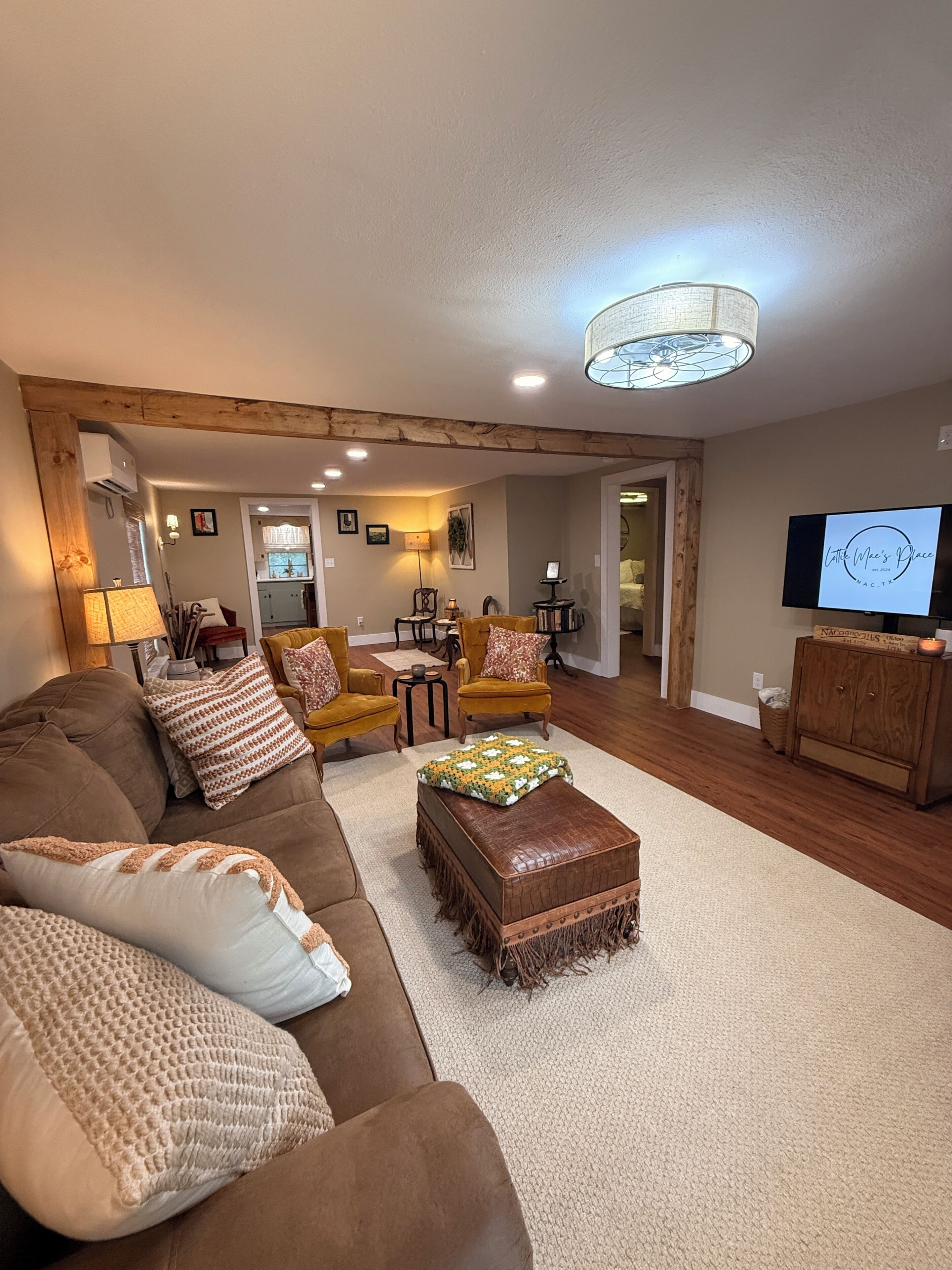 Smart TV, fireplace, books