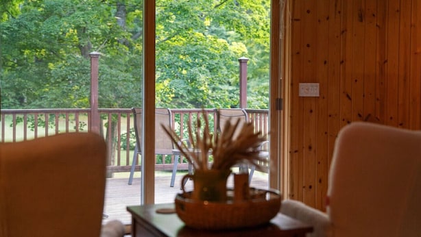 Une pièce au décor intérieur en bois, une porte-fenêtre coulissante donnant sur une terrasse extérieure et une table agrémentée d’un vase.