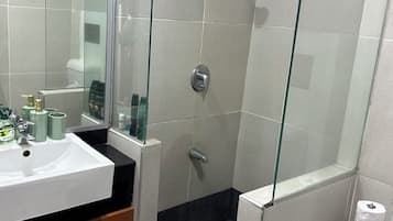 Shower, hair dryer, towels, soap
