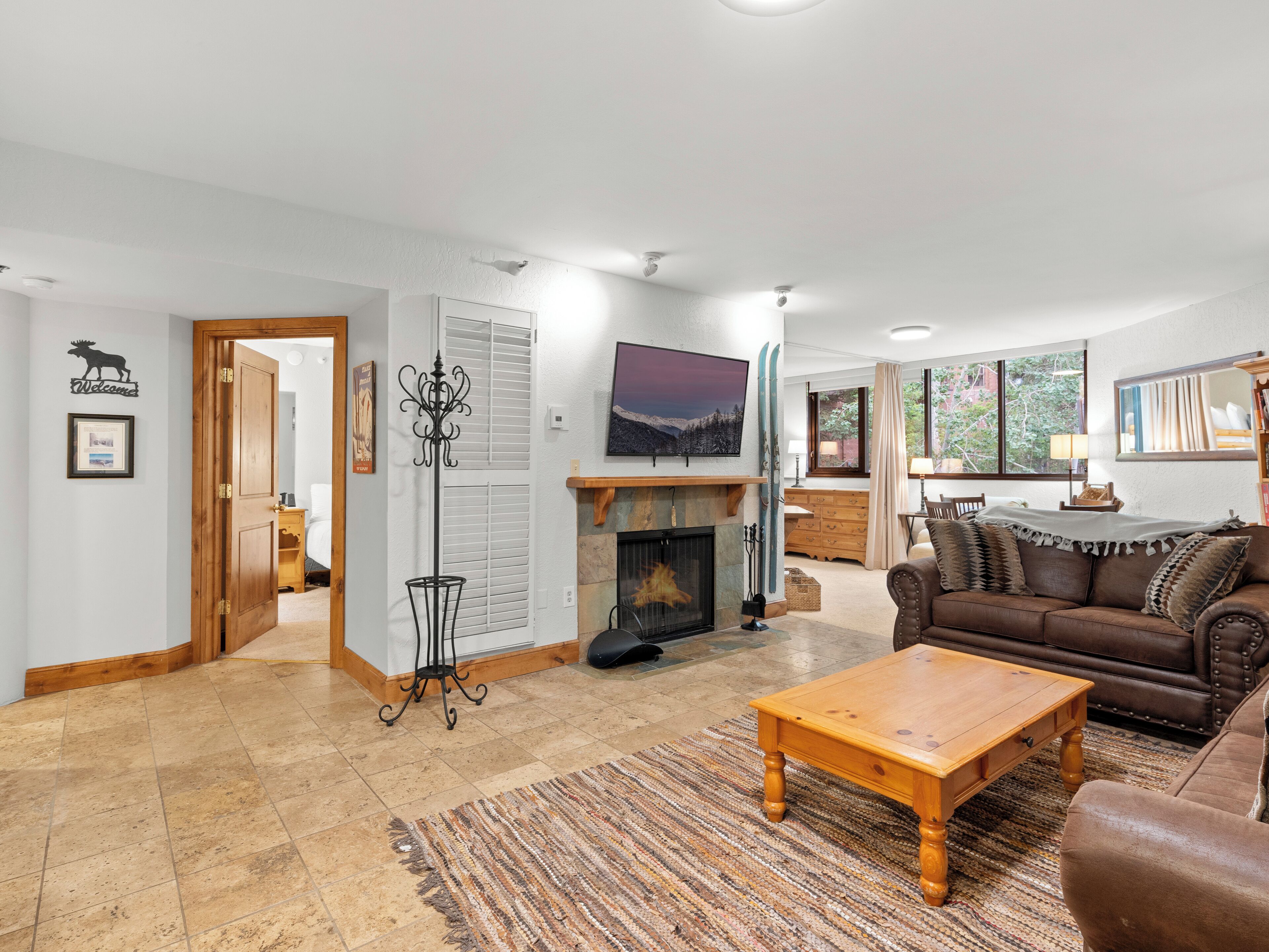 Smart TV, chimenea y libros 