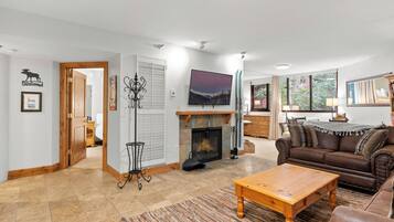 Smart TV, chimenea y libros