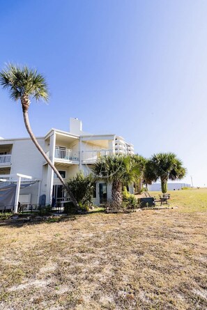 A multi-story white building with balconies, surrounded by palm trees and a dry grassy field.