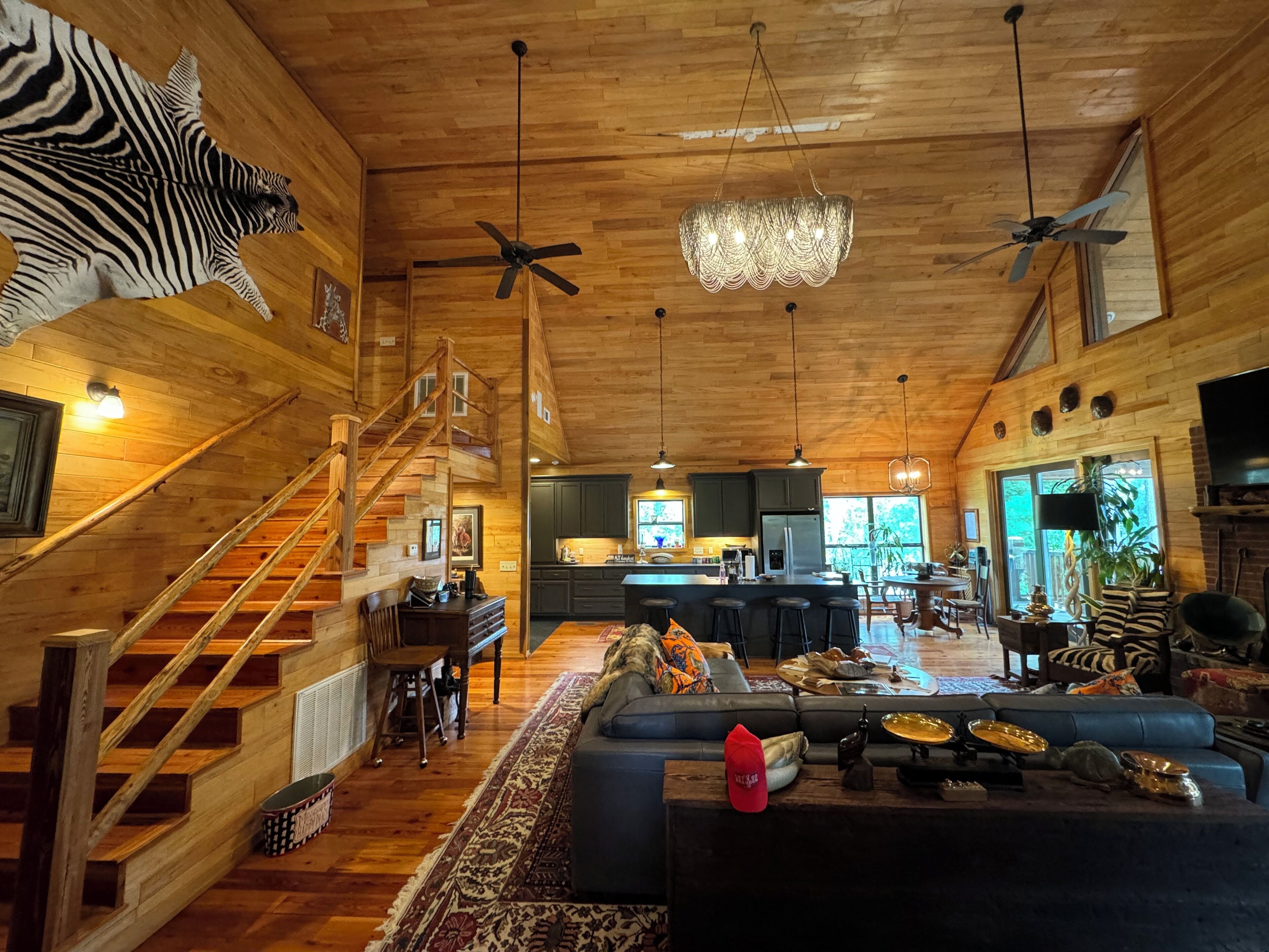 Smart TV, fireplace, books, music library