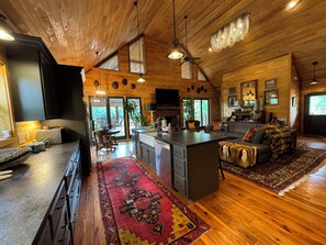 TV connectée, cheminée, livres, médiathèque