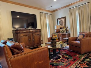 TV connectée, cheminée, livres, médiathèque