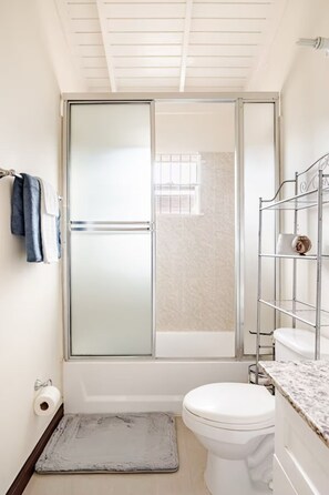 Shower, towels, soap, shampoo
