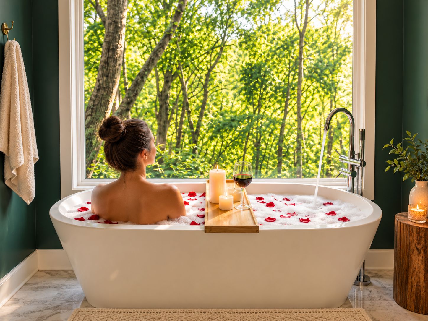 A woman in a bathtub with rose petals and candles, a window with a forest view, and a wooden stool with a candle.