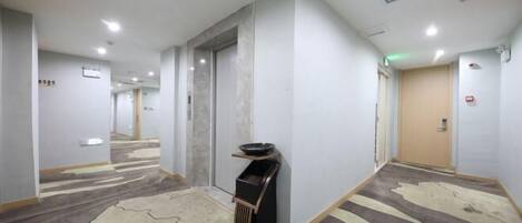 A hotel corridor with a patterned carpet, a trash bin, and a door with a light switch.