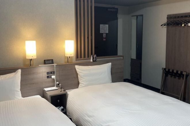 Desk, laptop workspace, blackout drapes, iron/ironing board