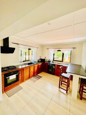Departamento Deluxe, 1 habitación, vista al mar | Cocina privada | Refrigerador con congelador, microondas, horno y parrilla de estufa 