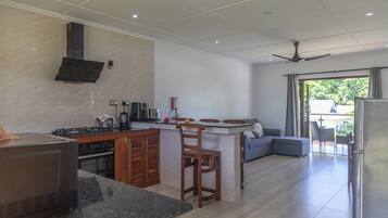 Full-sized fridge, microwave, oven, stovetop