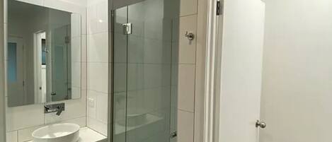 Hair dryer, towels, soap, shampoo