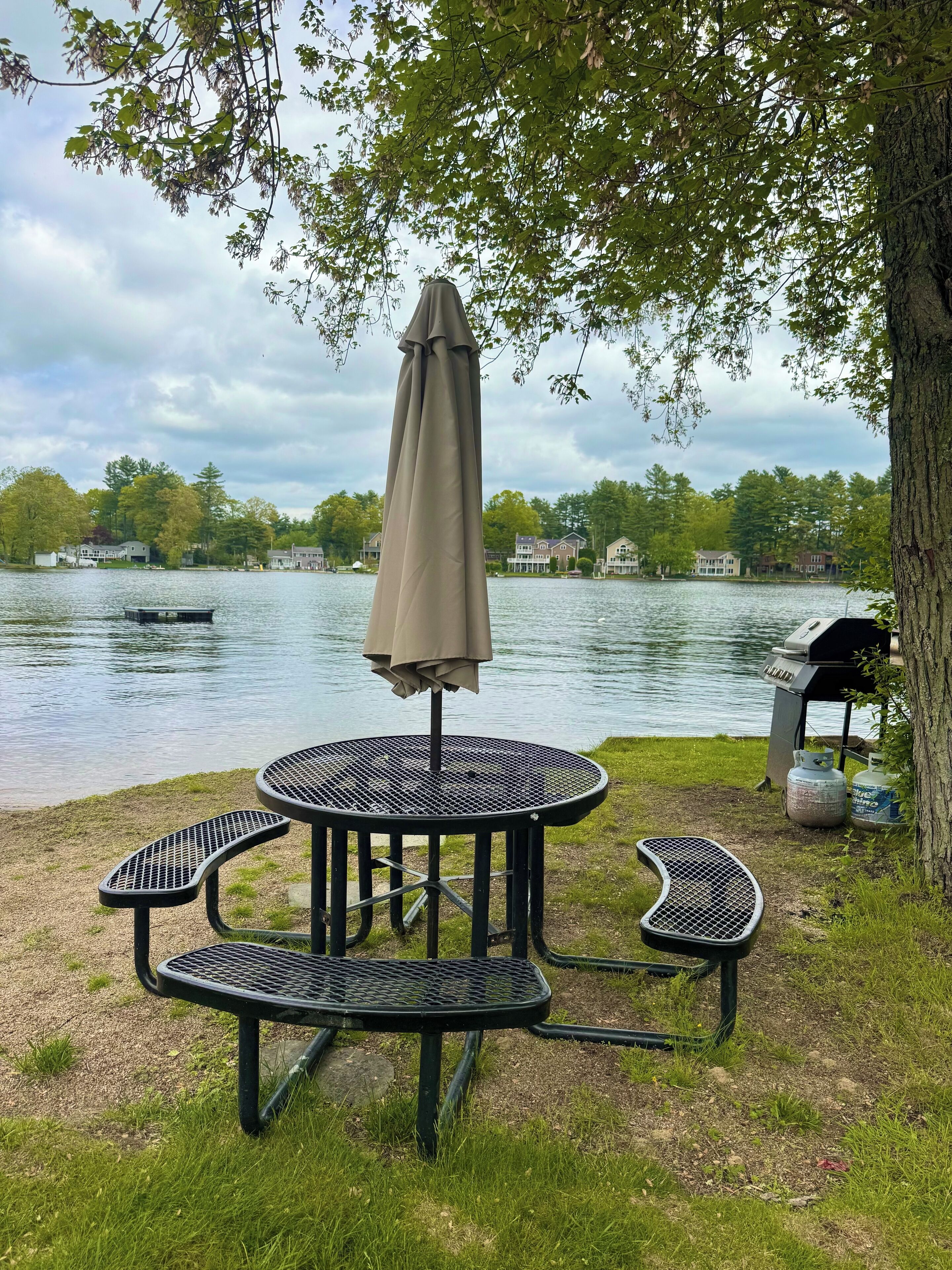 Una mesa de picnic con toldo, rodeada de césped, cerca de un lago con casas al fondo.