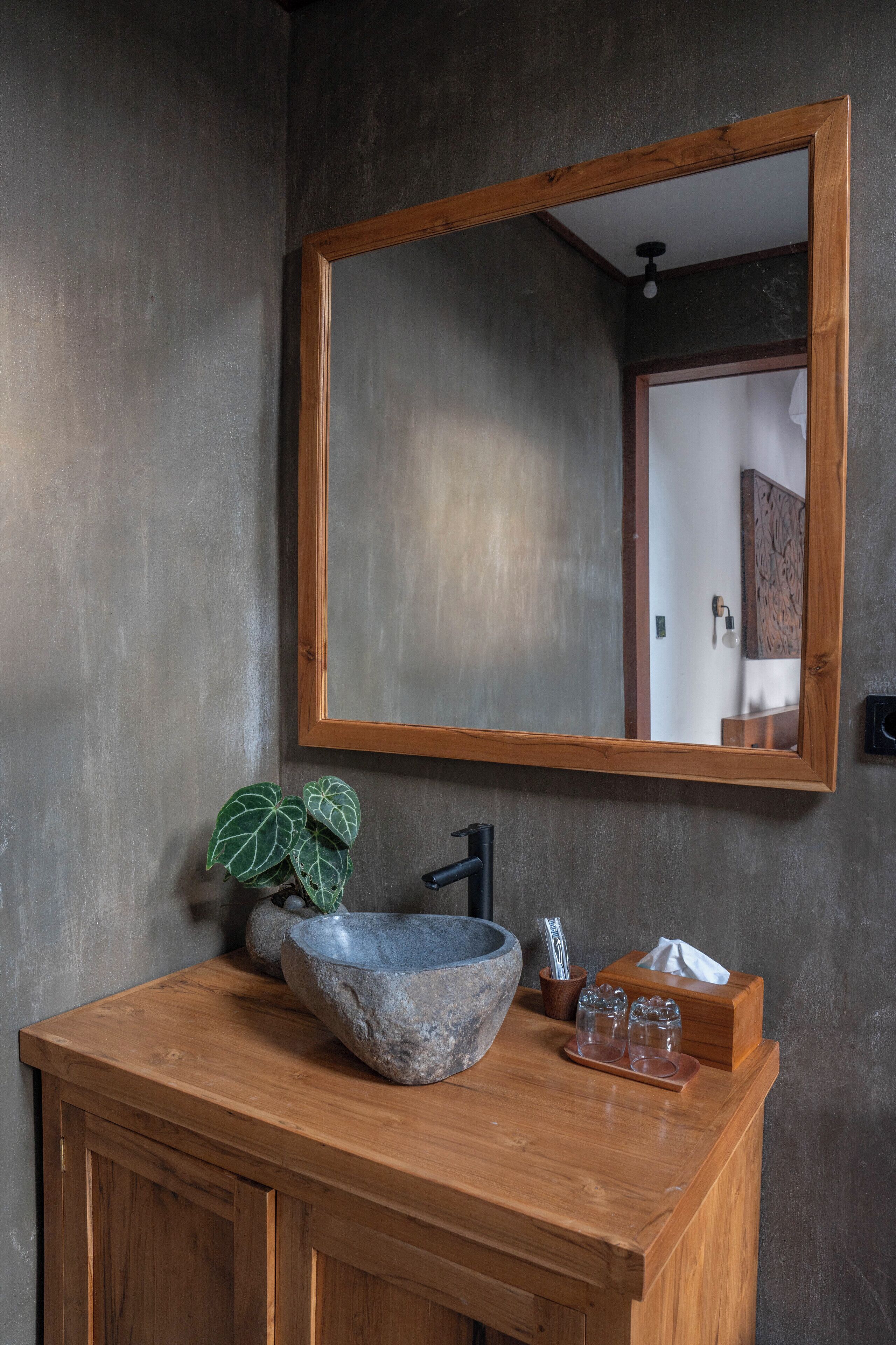 A wooden vanity with a stone basin, a potted plant, and a mirror.
