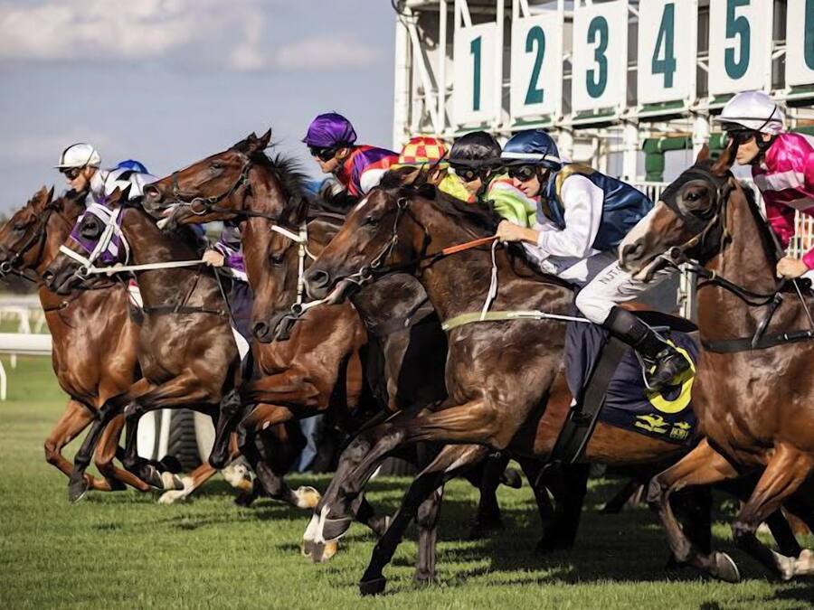 Una carrera de caballos con jinetes.