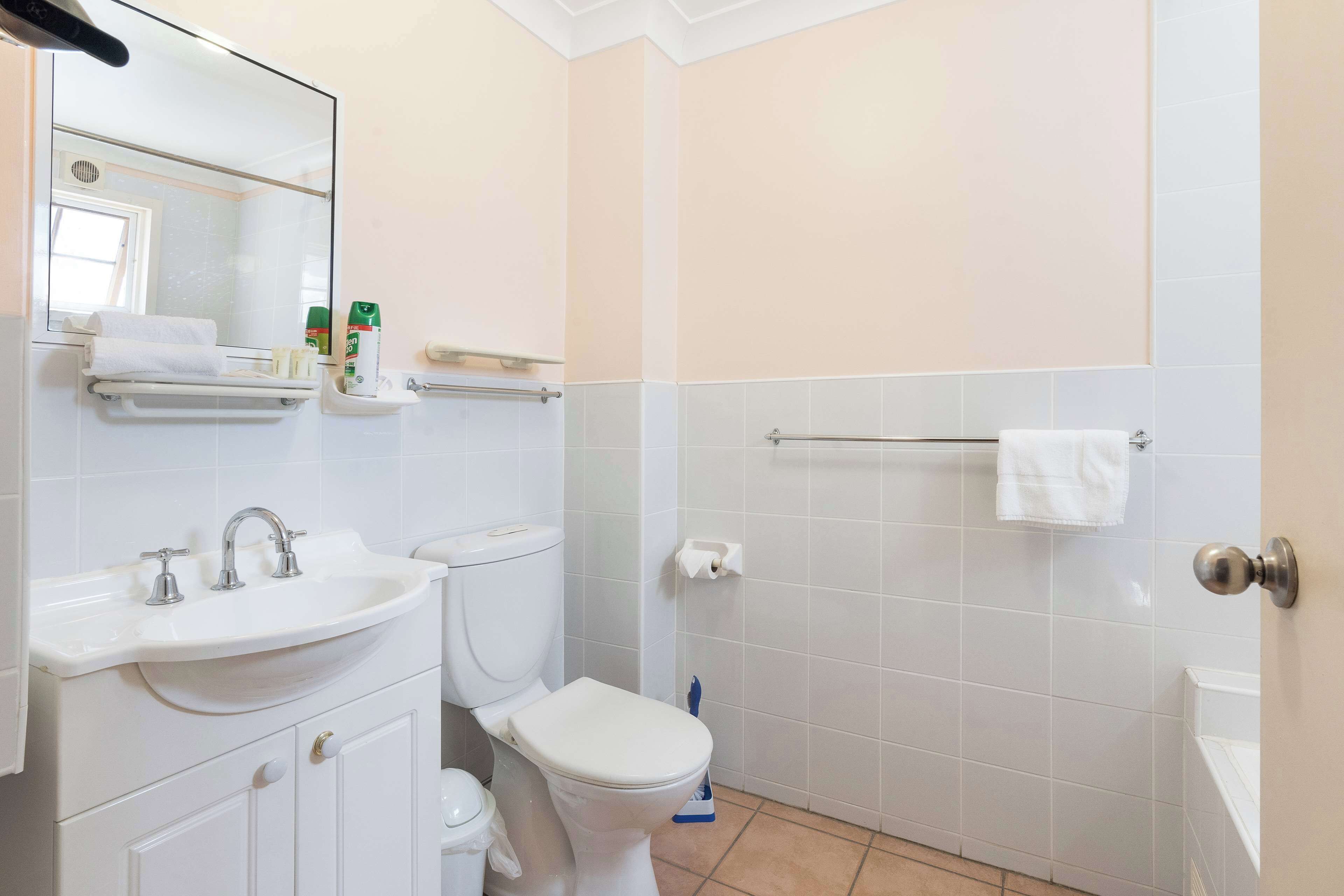 A bathroom with a sink, toilet, and shower area.