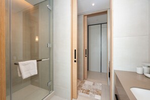 Shower, hair dryer, towels