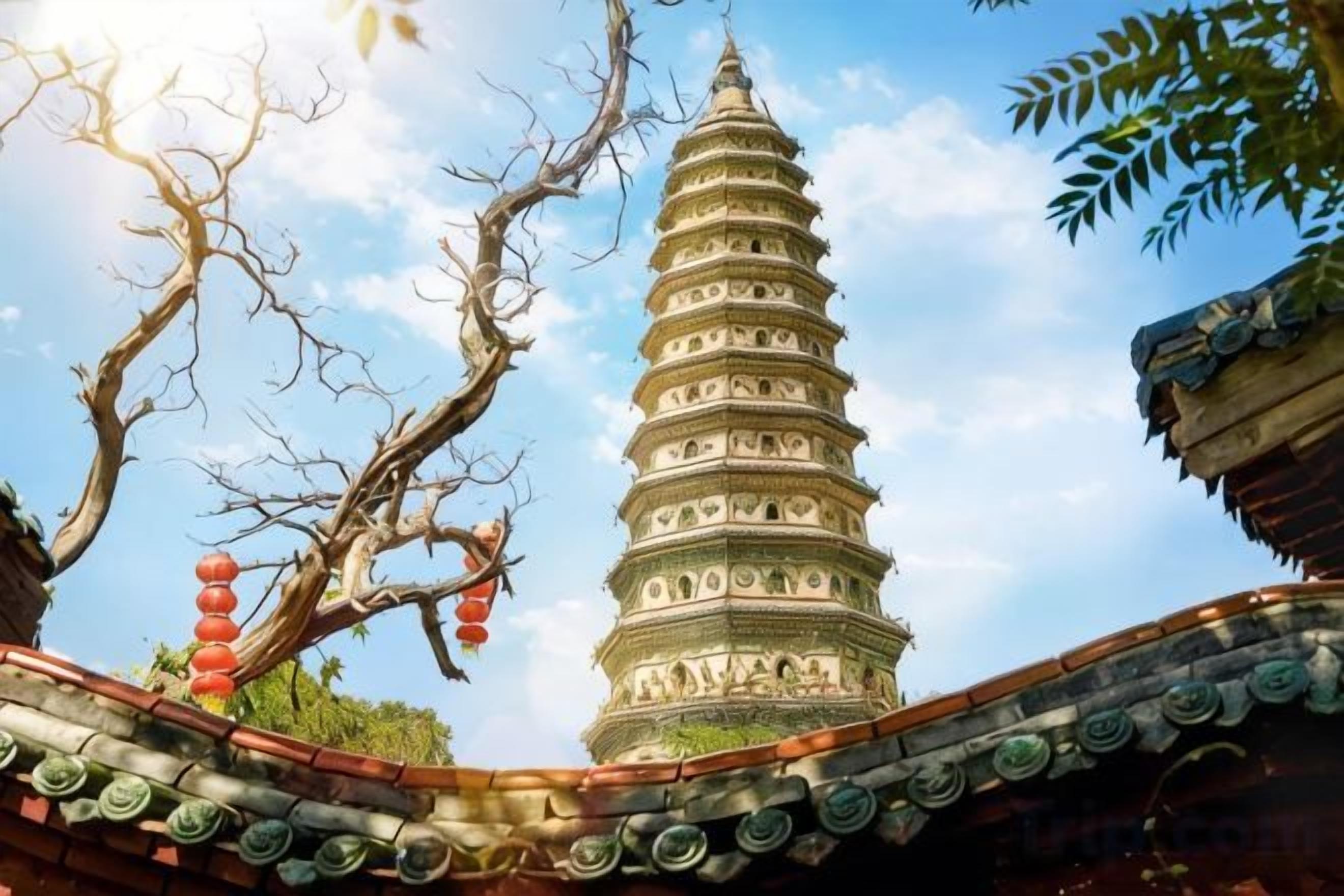 A pagoda-style tower with multiple tiers, surrounded by traditional architecture.