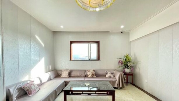 A modern living room with a glass coffee table, beige sofa, and a potted plant.