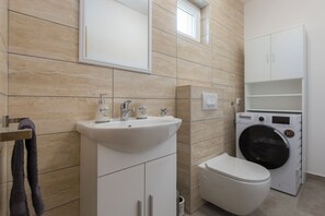 Douche, séchoir à cheveux, serviettes fournies, savon