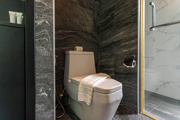 Une salle de bain comprenant des toilettes, un espace douche et un mur en marbre.