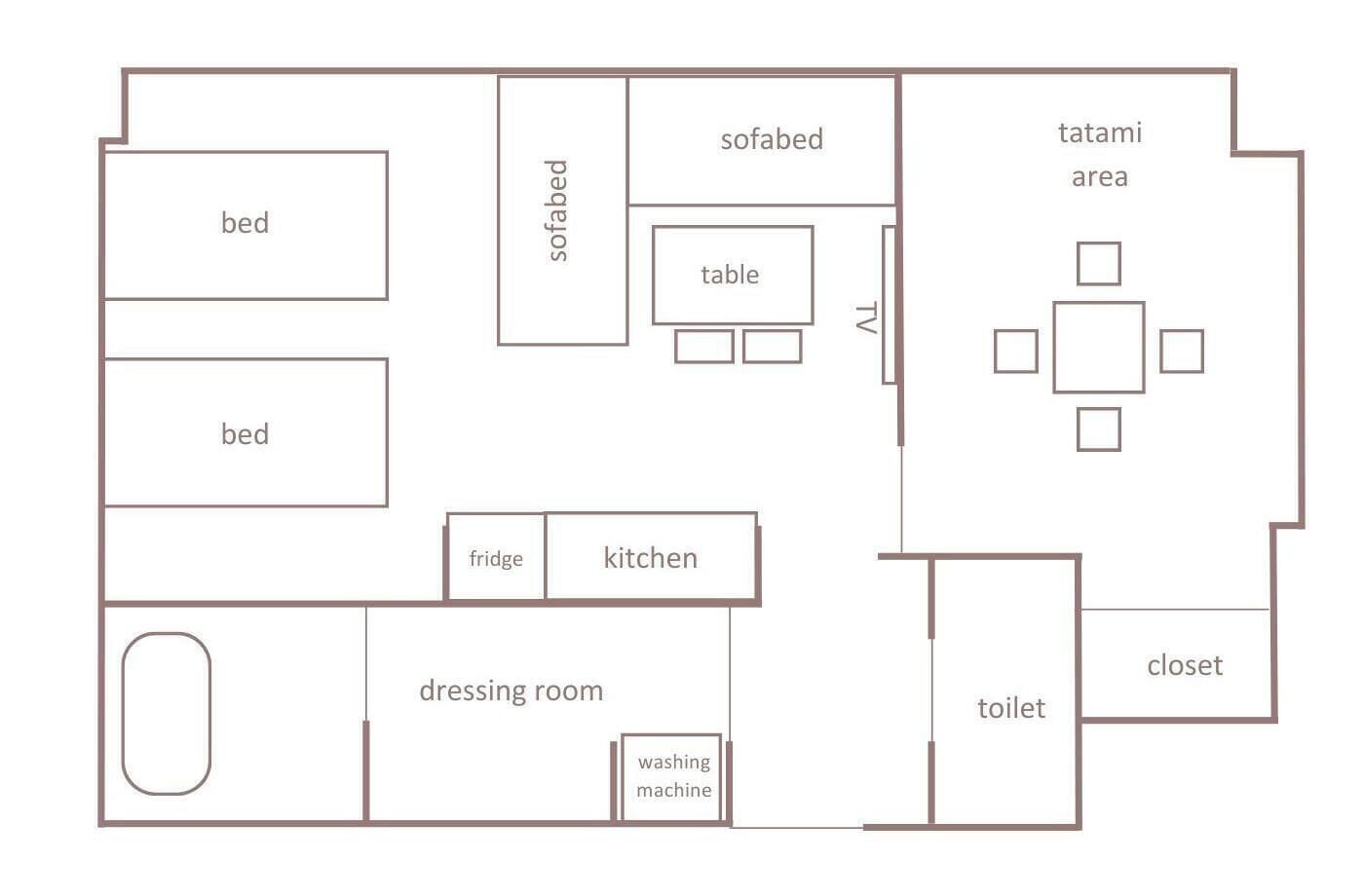 A floor plan with two bedrooms, a sofa bed, a tatami area, a kitchen, a dressing room, a washing machine, a toilet, and a closet.