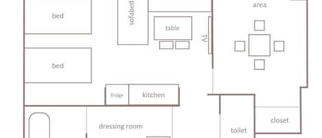 A floor plan with two bedrooms, a sofa bed, a tatami area, a kitchen, a dressing room, a washing machine, a toilet, and a closet.
