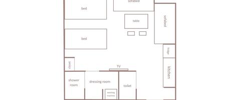 Distribución de un apartamento para 4 personas de 31 metros cuadrados, con 2 camas individuales y 2 camas supletorias, que incluye cocina, comedor, sala de estar, TV y un baño pequeño.