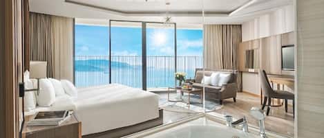 Estudio Premier, bañera, vistas al mar | Ropa de cama de alta calidad, colchones con acolchado adicional, minibar
