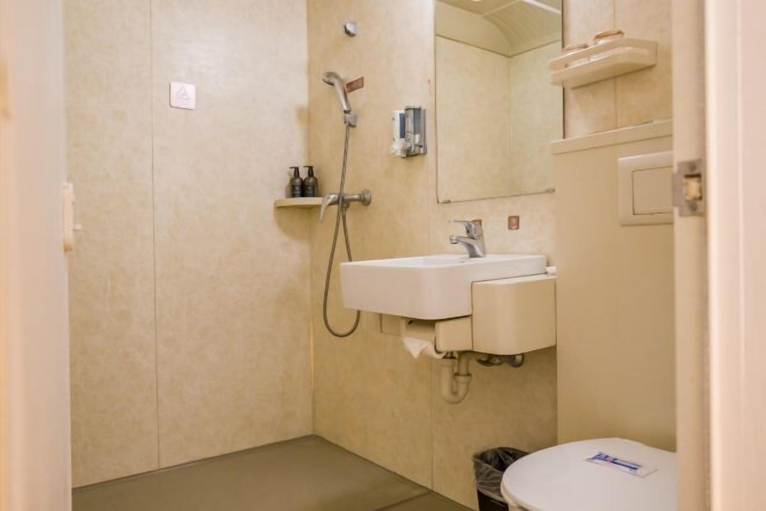 Ein kleines, kompaktes Badezimmer mit Waschbecken, Spiegel und Dusche.