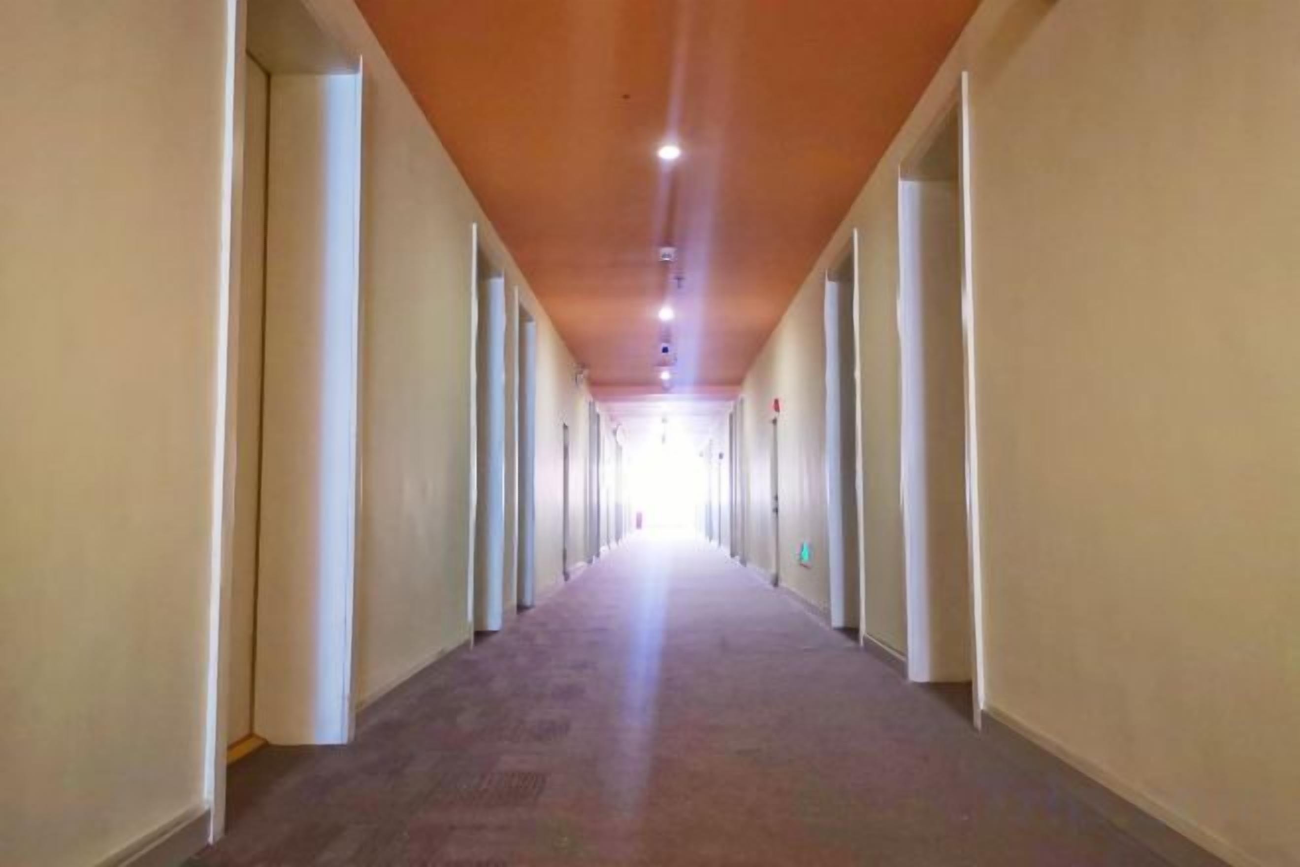 Un pasillo largo y estrecho con puertas a ambos lados, que conduce a habitaciones individuales.
