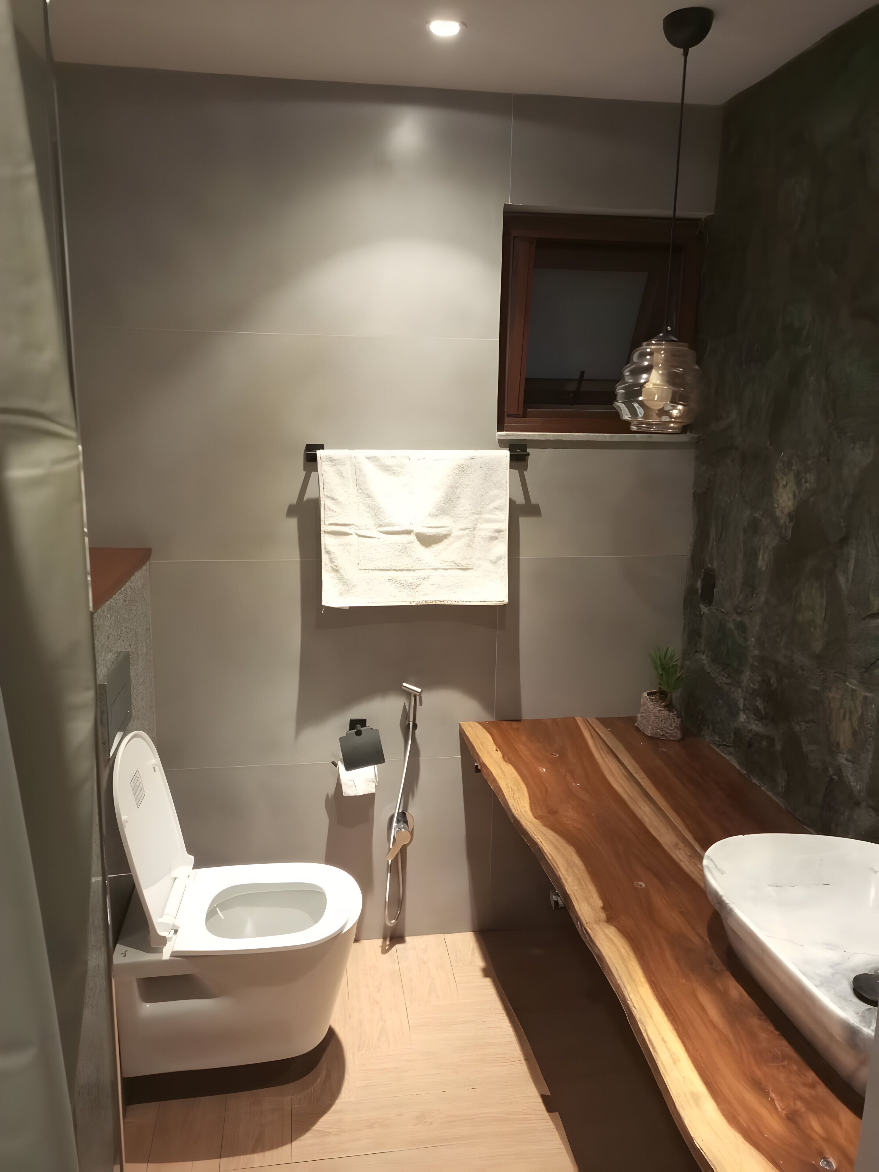 Shower, slippers, towels, soap