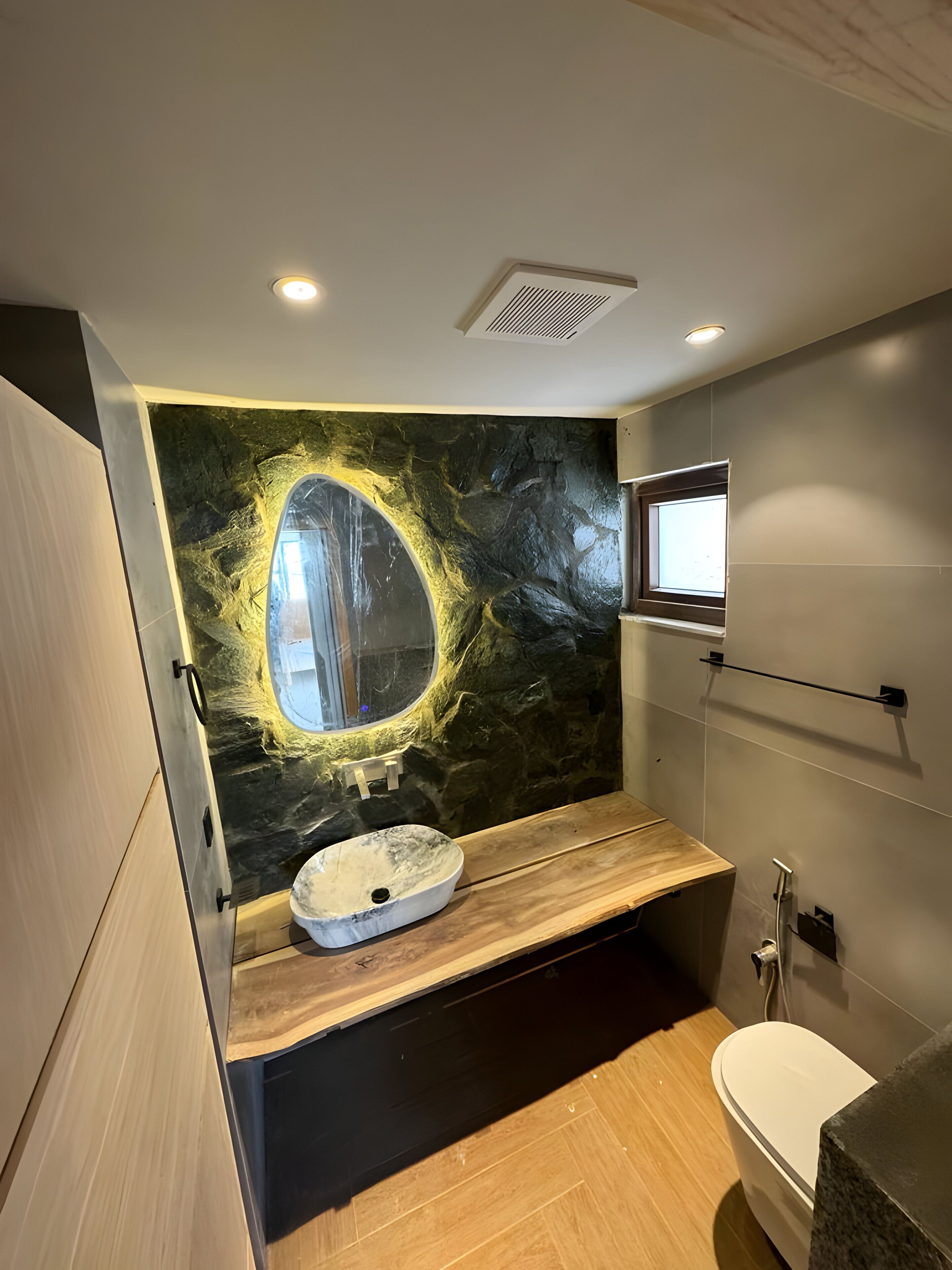 Shower, slippers, towels, soap