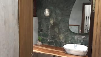 Shower, slippers, towels, soap