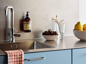Kühlschrank, Ofen, Herdplatte, Wasserkocher mit Kaffee-/Teezubehör
