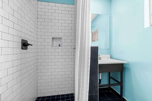Shower, towels, soap, shampoo