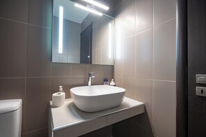 Secador de cabelo, toalhas de banho, sabonete, papel higiênico