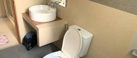 Un baño con inodoro, lavamanos y espejo.
