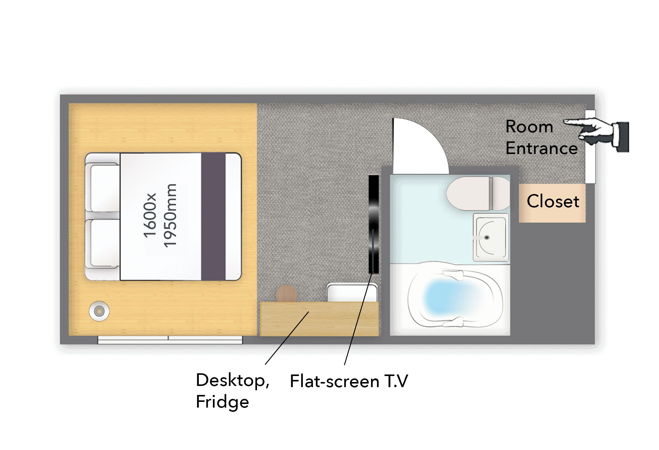 A room layout with a desk, flat-screen TV, and fridge.